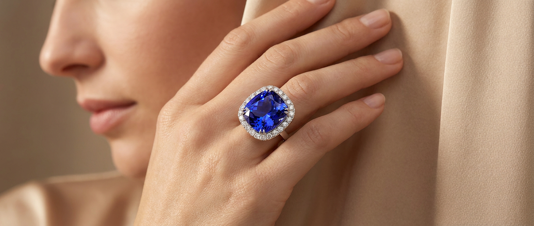 Modelka s luxusním tanzanitovým prstenem s diamanty